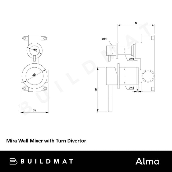 Alma Mira Brushed Brass Gold Wall Mixer with Turn Divertor