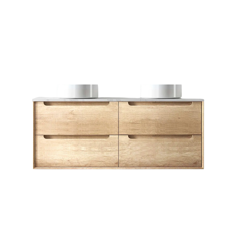 BYRON 1190mm NATURAL OAK WALL HUNG CABINET Features Dimensions: 1190x460x550mmOverall Height: 550Overall Depth: 460Mounting: Wall HungColour: Natural OakConstruction: 4 Drawer, High moisture resistant plywoodInterior Finish: OakHandles: Soft Edge Finger pullDrawer Mechanism: DTC RunnerHinges: DTC HingesDrawer runner: S