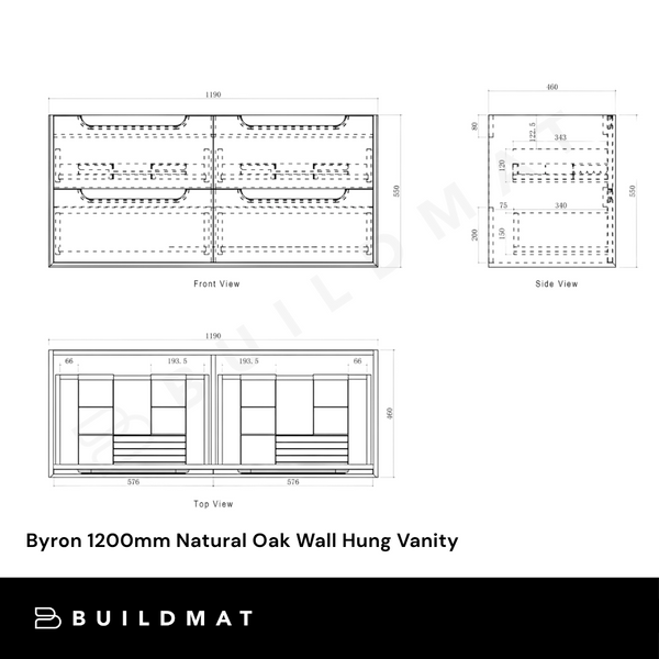 Otti Byron 1200mm Natural Oak Wall Hung Vanity with Natural Carrara Marble Top and Double Bowl Undermount Basin