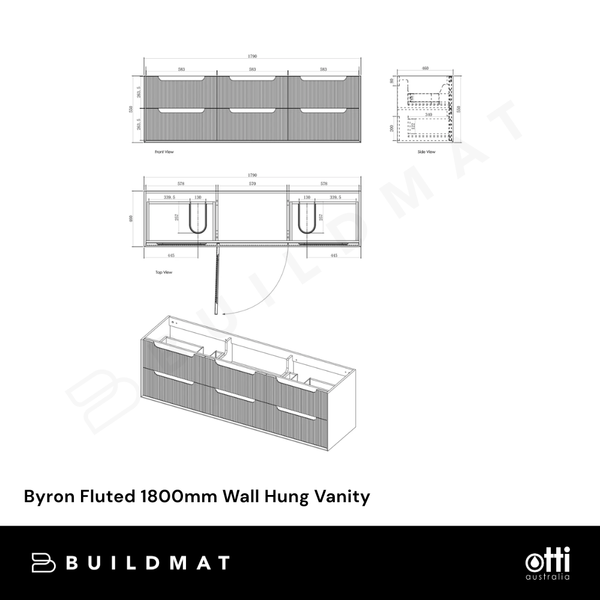 Otti Byron Fluted 1800mm Woodland Oak Wall Hung Vanity with Natural Carrara Top and Undermount Basin