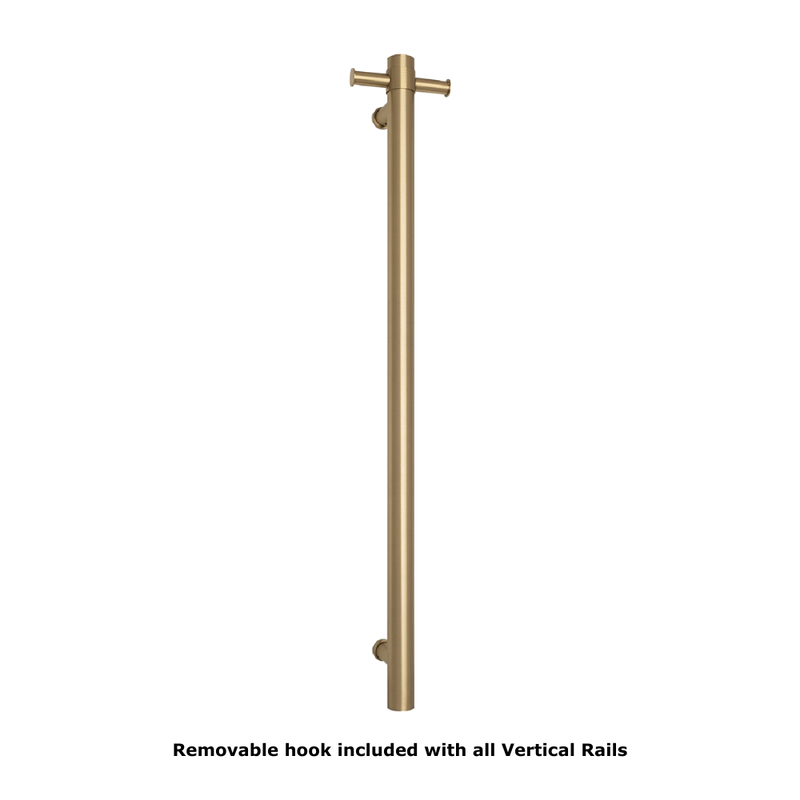 Straight Round Vertical Single Heated Towel Rail Brushed Brass Gold