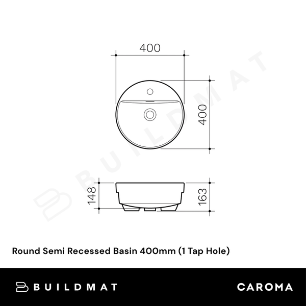 Caroma Round Semi Recessed Basin 400mm (1 Tap Hole) White