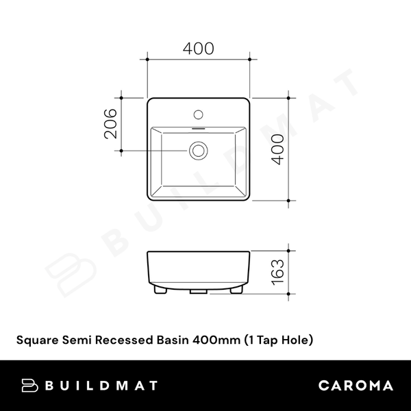Caroma Square Semi Recessed Basin 400mm (1 Tap Hole) White