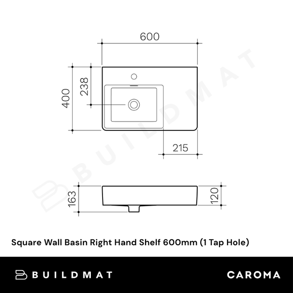 Caroma Square Wall Basin Right Hand Shelf 600mm (1 Tap Hole) White