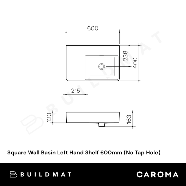 Caroma Square Wall Basin Left Hand Shelf 600mm (No Tap Hole) White