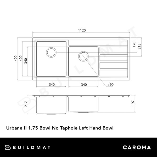 Caroma Urbane II 1.75 Bowl No Taphole Left Hand Bowl Stainless Steel