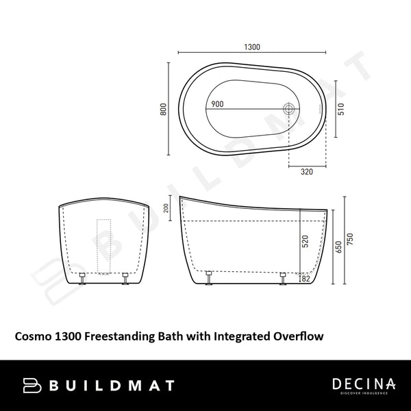 Decina Cosmo 1300 Freestanding Bath with Integrated Overflow Gloss White