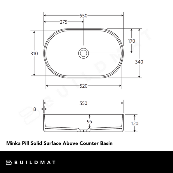 Fienza Minka Pill Solid Surface Above Counter Basin Matte Black