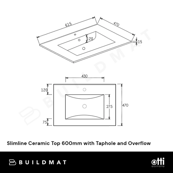 Otti Slimline Ceramic Top 600mm with Taphole and Overflow