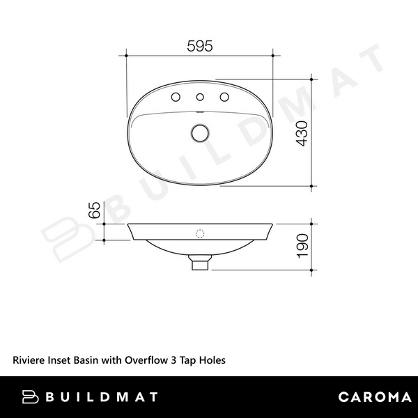 Caroma Riviere Inset Basin with Overflow (3 Tap Holes) Gloss White