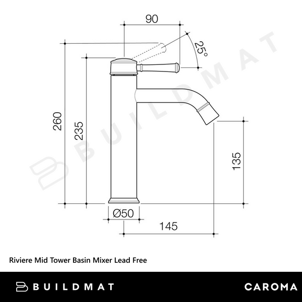 Caroma Riviere Mid Tower Basin Mixer Brushed Brass Lead Free