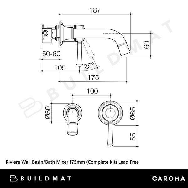 Caroma Riviere Wall Basin/Bath Mixer 175mm (Complete Kit) Brushed Nickel Lead Free
