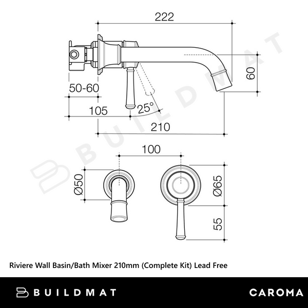 Caroma Riviere Wall Basin/Bath Mixer 210mm (Complete Kit) Chrome Lead Free