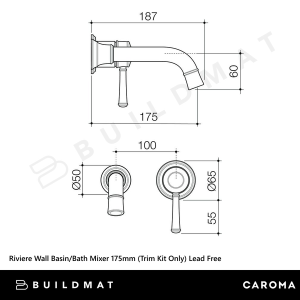 Caroma Riviere Wall Basin/Bath Mixer 175mm (Trim Kit Only) Brushed Bronze Lead Free