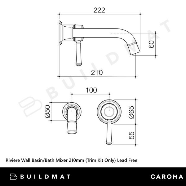 Caroma Riviere Wall Basin/Bath Mixer 210mm (Trim Kit Only) Chrome Lead Free