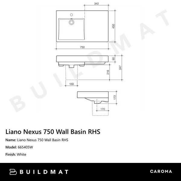 Caroma Liano Nexus 750 Wall Basin RHS