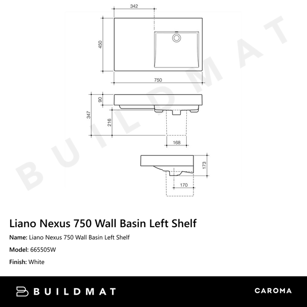 Caroma Liano Nexus 750 Wall Basin Left Shelf