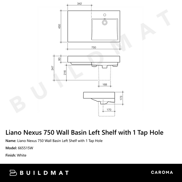 Caroma Liano Nexus 750 Wall Basin Left Shelf with 1 Tap Hole