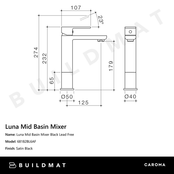 Caroma Luna Mid Basin Mixer Black Lead Free