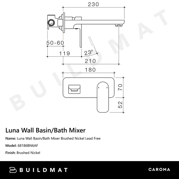 Caroma Luna Wall Basin/Bath Mixer Brushed Nickel Lead Free