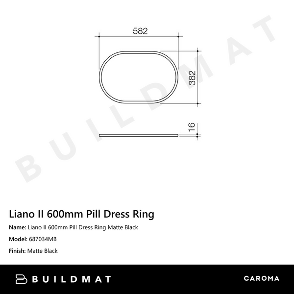 Caroma Liano II 600mm Pill Dress Ring Matte Black