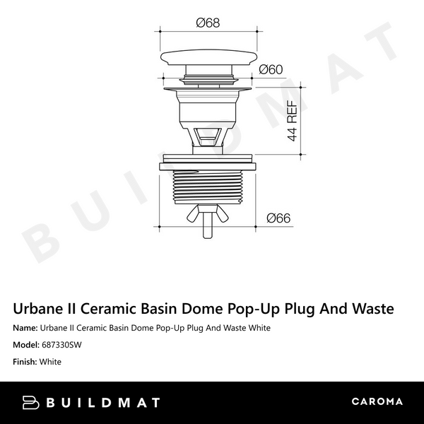 Caroma Urbane II Ceramic Basin Dome Pop-Up Plug & Waste White