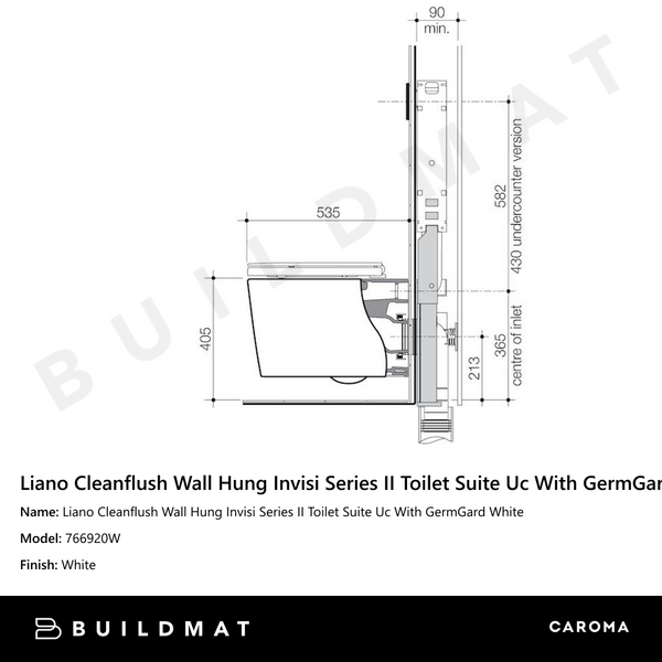 Caroma Liano Cleanflush Wall Hung Invisi Series II Toilet Suite Uc With GermGard White