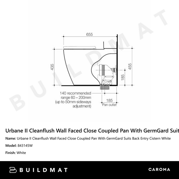 Caroma Urbane II Cleanflush Wall Faced Close Coupled Pan With GermGard Suits Back Entry Cistern White