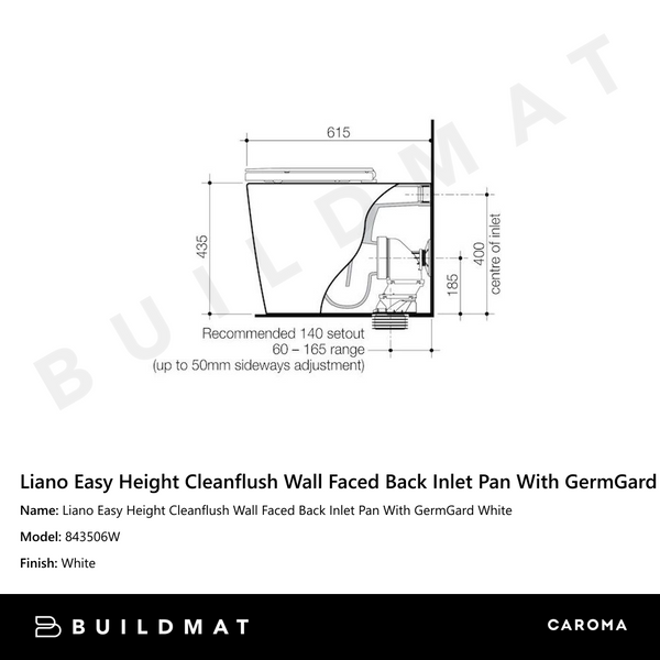 Caroma Liano Easy Height Cleanflush Wall Faced Back Inlet Pan With GermGard White