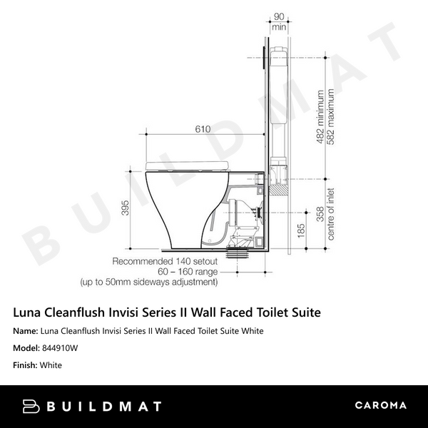 Caroma Luna Cleanflush Invisi Series II Wall Faced Toilet Suite White