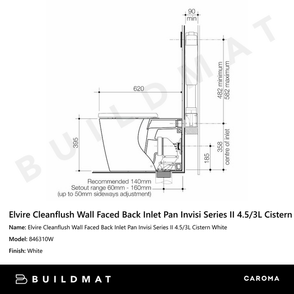 Caroma Elvire Cleanflush Wall Faced Back Inlet Pan Invisi Series II 4.5/3L Cistern White