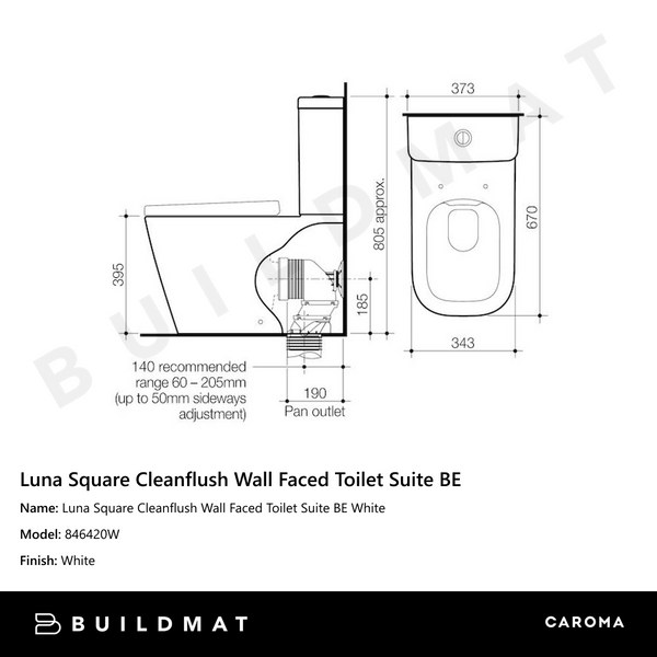 Caroma Luna Square Cleanflush Wall Faced Toilet Suite Back Entry White