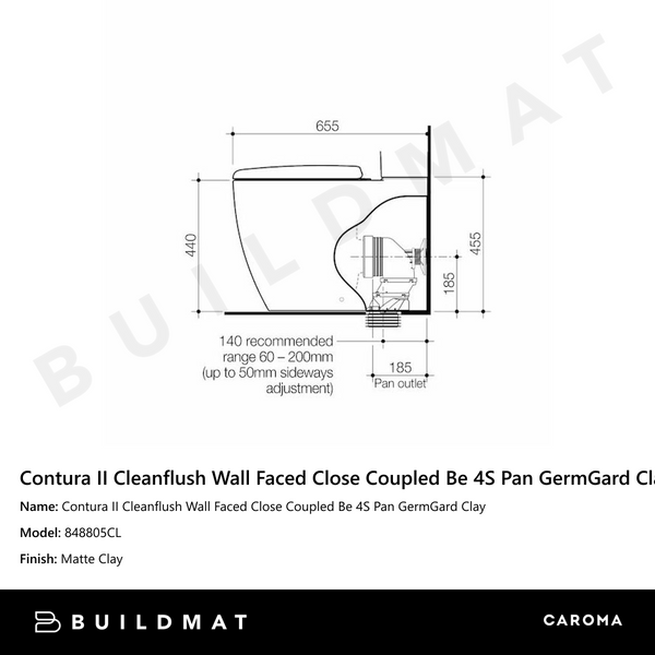 Caroma Contura II Cleanflush Wall Faced Close Coupled BE 4S Pan GermGard Matte Clay