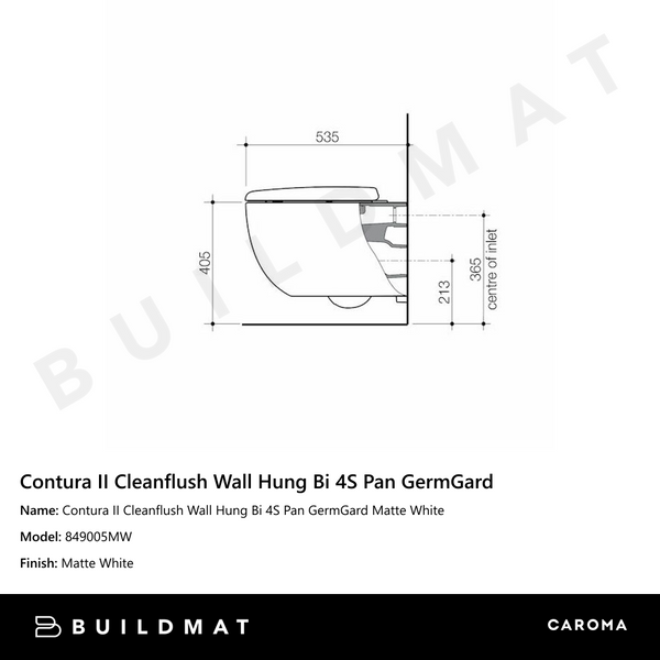 Caroma Contura II Cleanflush Wall Hung (Bottom Inlet) 4S Pan GermGard Matte White