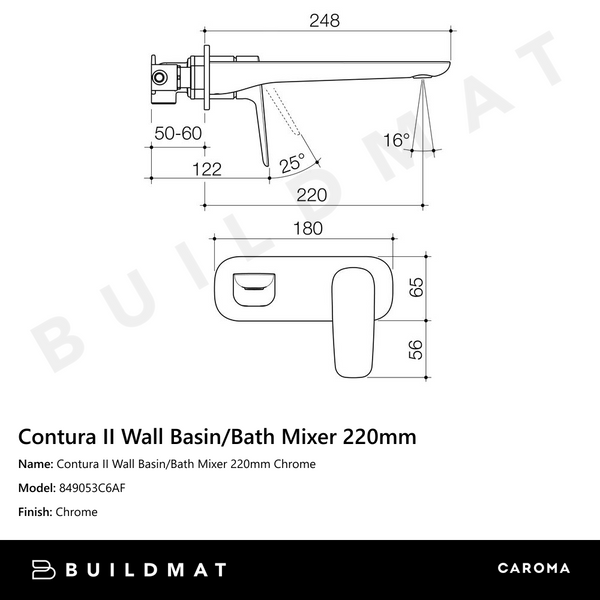 Caroma Contura II Wall Basin/Bath Mixer 220mm Chrome