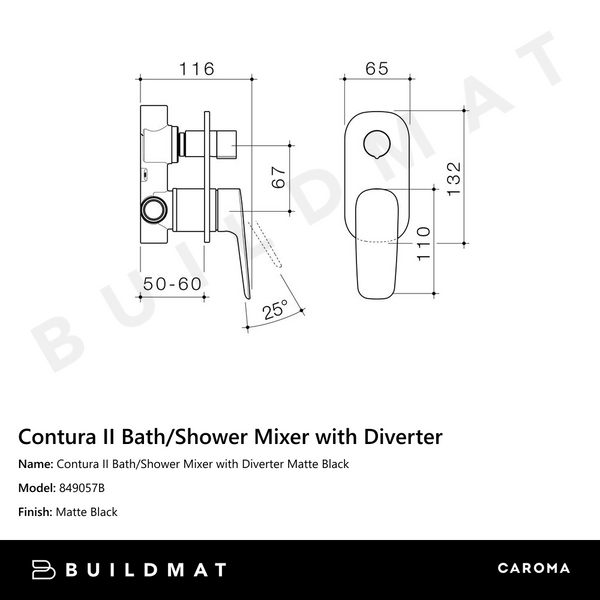 Caroma Contura II Bath/Shower Mixer with Diverter Matte Black