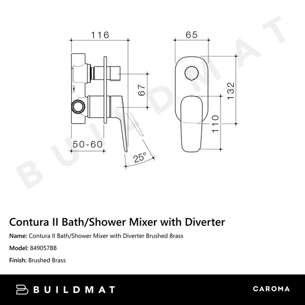 Caroma Contura II Bath/Shower Mixer with Diverter Brushed Brass