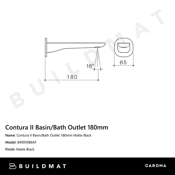 Caroma Contura II Basin/Bath Outlet 180mm Matte Black