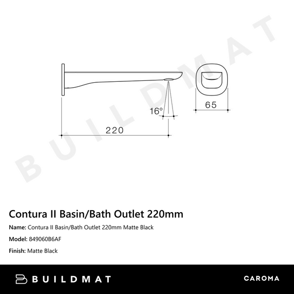 Caroma Contura II Basin/Bath Outlet 220mm Matte Black