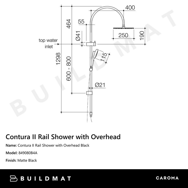 Caroma Contura II Rail Shower with Overhead Black