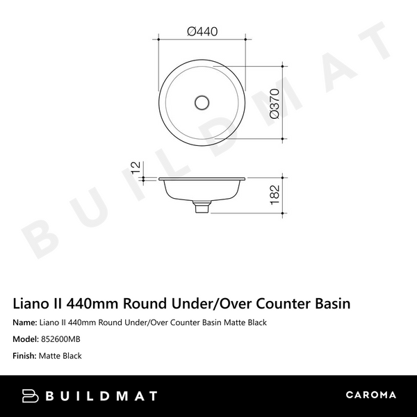 Caroma Liano II 440mm Round Under/Over Counter Basin Matte Black