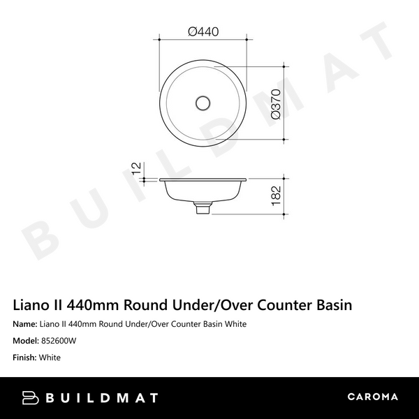 Caroma Liano II 440mm Round Under/Over Counter Basin White