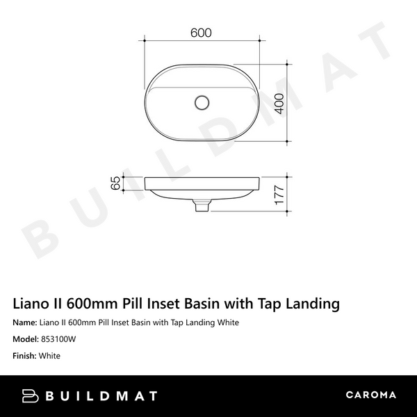 Caroma Liano II 600mm Pill Inset Basin with Tap Landing White