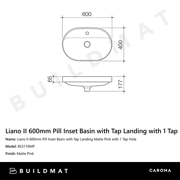 Caroma Liano II 600mm Pill Inset Basin with Tap Landing Matte Pink with 1 Tap Hole