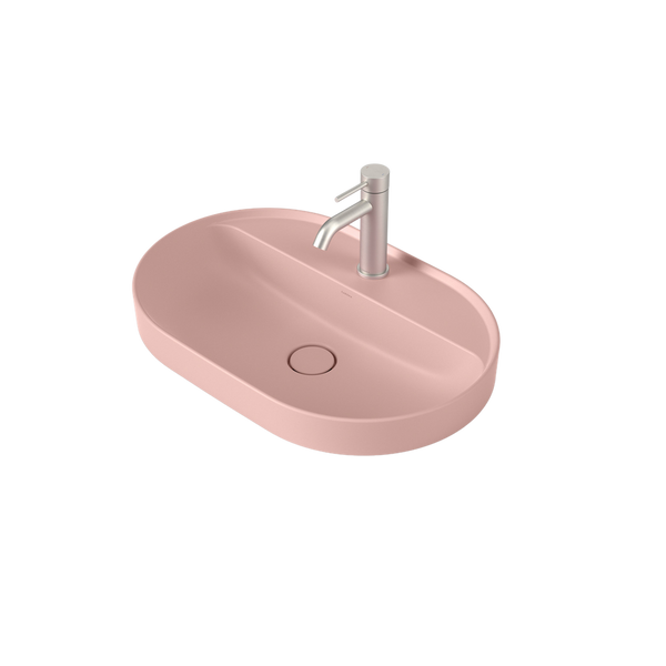 Caroma Liano II 600mm Pill Inset Basin with Tap Landing Matte Pink with 1 Tap Hole