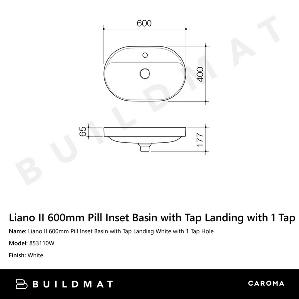 Caroma Liano II 600mm Pill Inset Basin with Tap Landing White with 1 Tap Hole