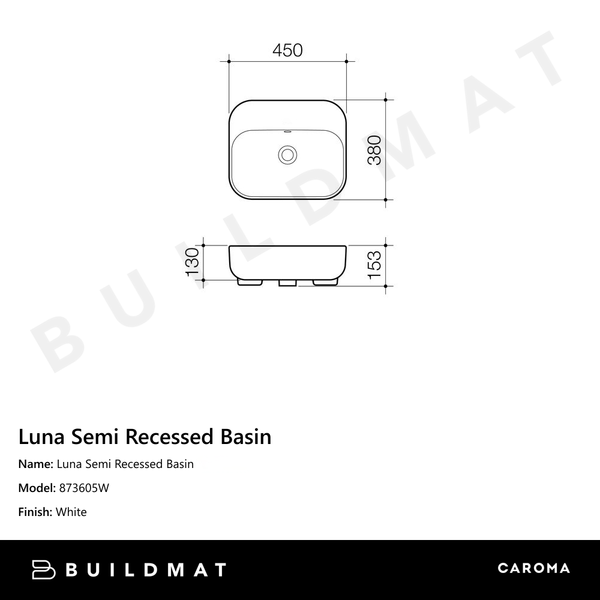 Caroma Luna Semi Recessed Basin No Taphole