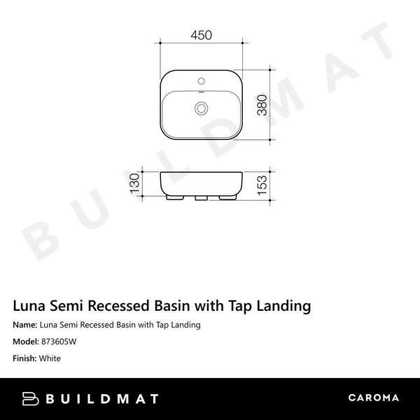 Caroma Luna Semi Recessed Basin with Tap Landing