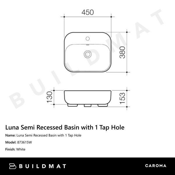 Caroma Luna Semi Recessed Basin with 1 Tap Hole