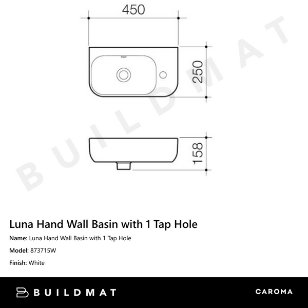 Caroma Luna Hand Wall Basin with 1 Tap Hole